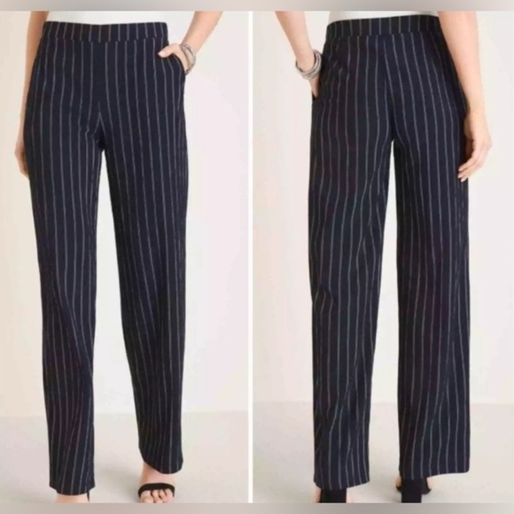 Chico's Blue + White Pinstrip Classic Straight-Leg Cut Trousers - Picture 1 of 15